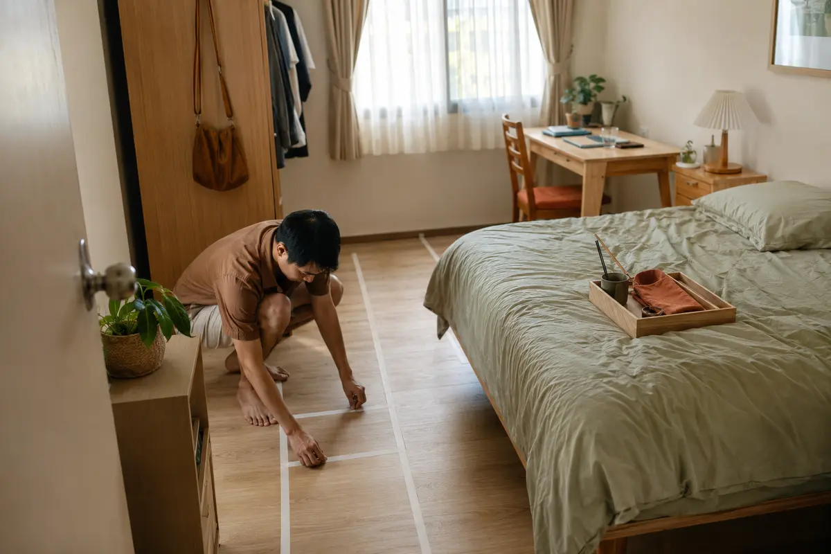 ผู้พักอาศัยใช้เทปกระดาษจำลองแนวทางเดินในห้องนอนขนาดเล็กก่อนจัดเฟอร์นิเจอร์