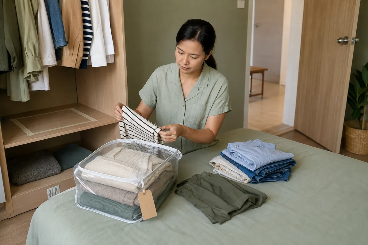 ผู้อยู่อาศัยชาวไทยพับเสื้อผ้านอกฤดูกาลที่สะอาดและแห้งลงถุงใสหนึ่งใบ พร้อมกำหนดพื้นที่เก็บโดยรักษาทางเดินให้โล่ง