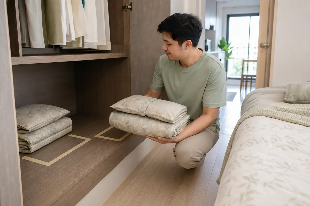 ผู้อยู่อาศัยชาวไทยพับผ้าปูและปลอกหมอนสะอาดแห้งเป็นชุดเดียว พร้อมทดลองช่องเก็บสองตำแหน่งบนชั้นที่หยิบถึง